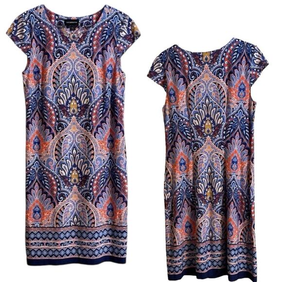 Liz Claiborne Dress Purple Multicolored Paisley Sheath Short Sleeve Travel Work - Picture 1 of 9